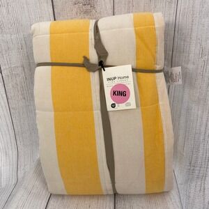 INUP Home Quilt Set King Yellow Cream Striped Cotton Made in Portugal Coastal